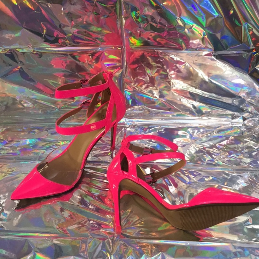 Wild Pair Neon Pink Patent Pointed-Toe Ankle-Strap Heels - Picture 3 of 5